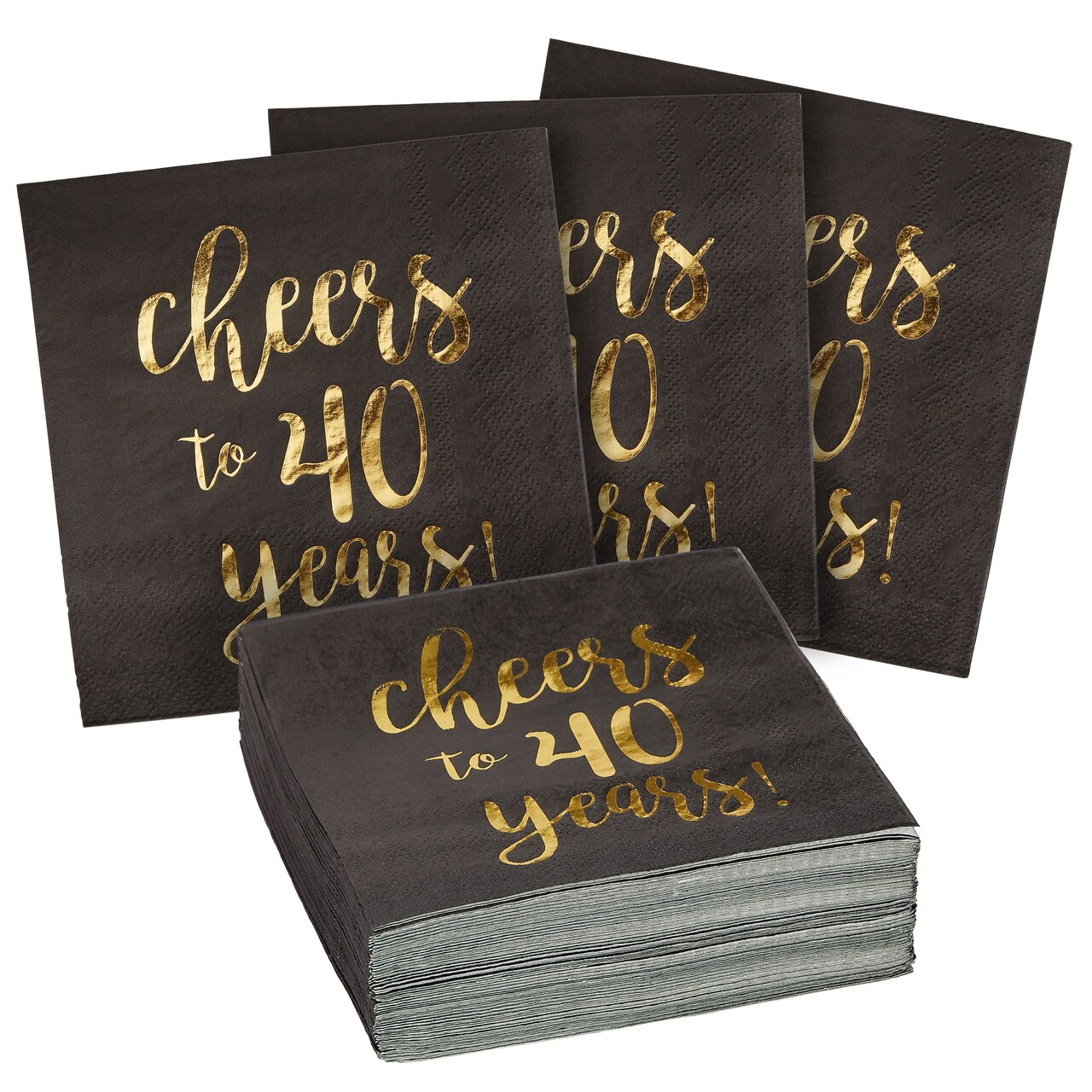 50 Pack Cheers to 40 Years Cocktail Napkins for 40th Birthday, Anniversary Party Supplies, 3-Ply, Black and Gold Foil (5 x 5 In)